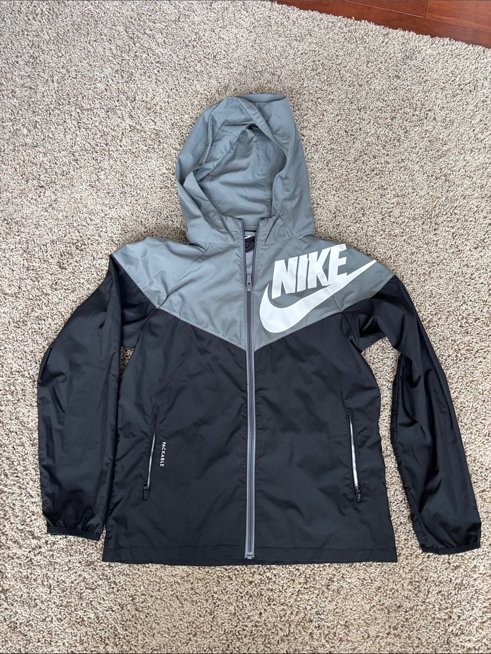 Nike Youth Hooded Packable Colorblock Rain Jacket - Black & Gray